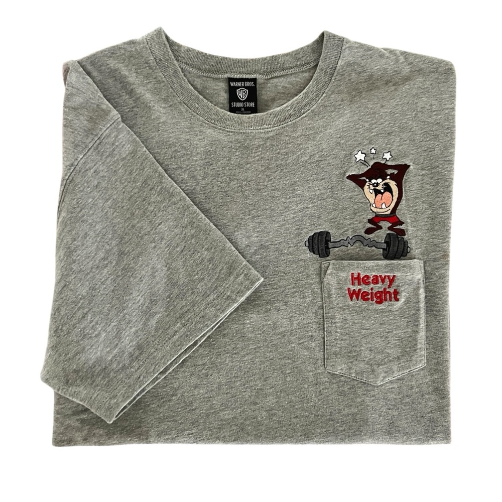 Vintage Warner Bros. Tasmania Devil Lifting Weights  Working Out Grey T-Shirt XL